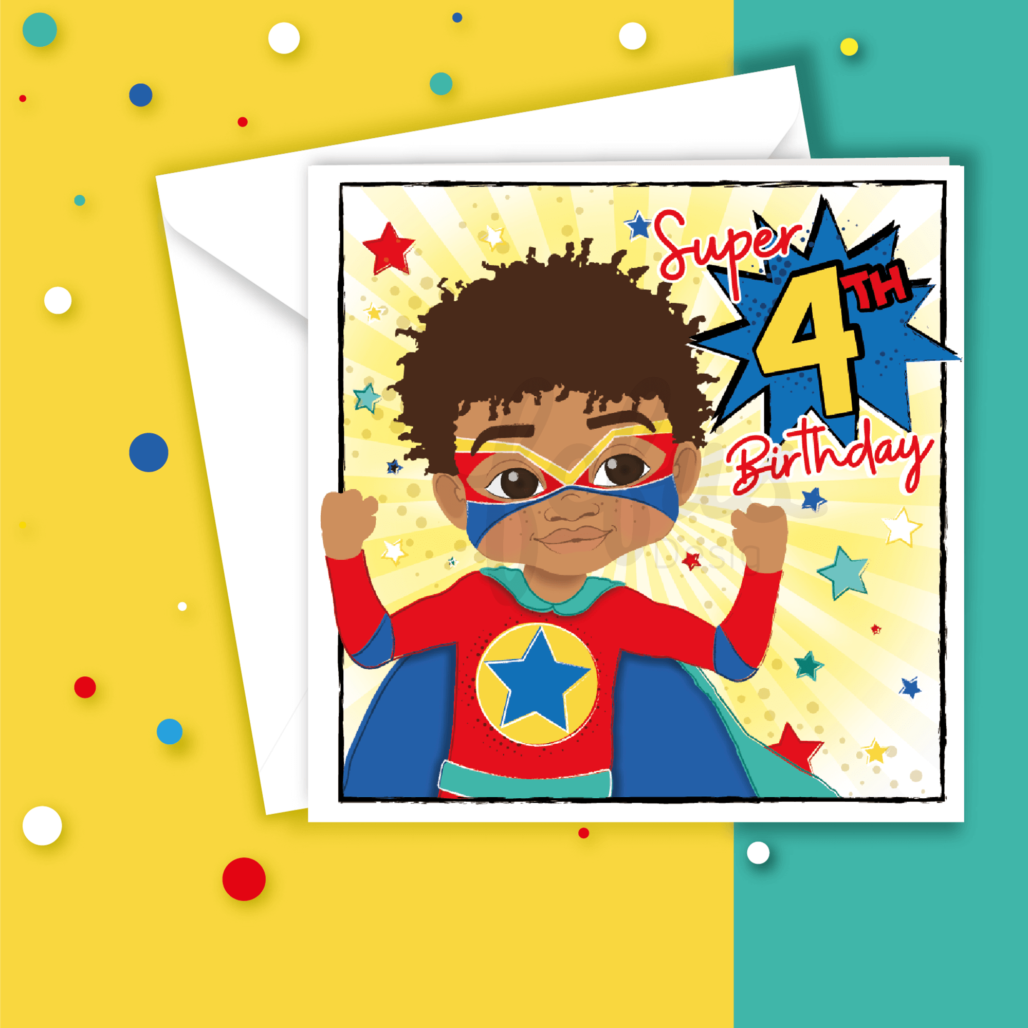 Brown Superhero Fourth Birthday - Mixed Race Boys Birthday Card | Fefus designs