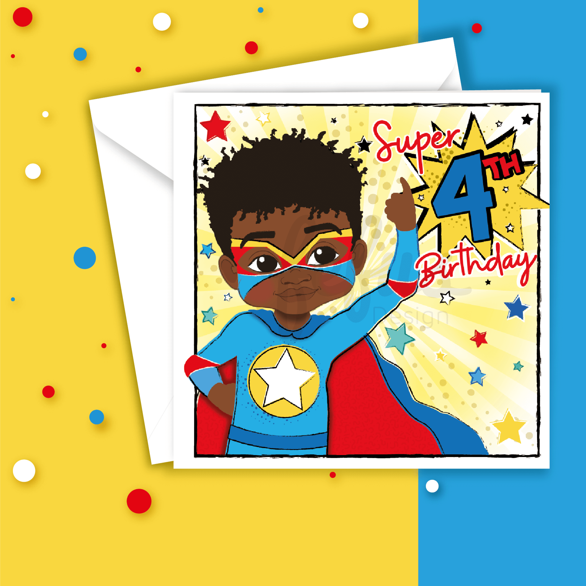 Black Superhero Fourth Birthday - Black Boys Birthday Card | Fefus designs