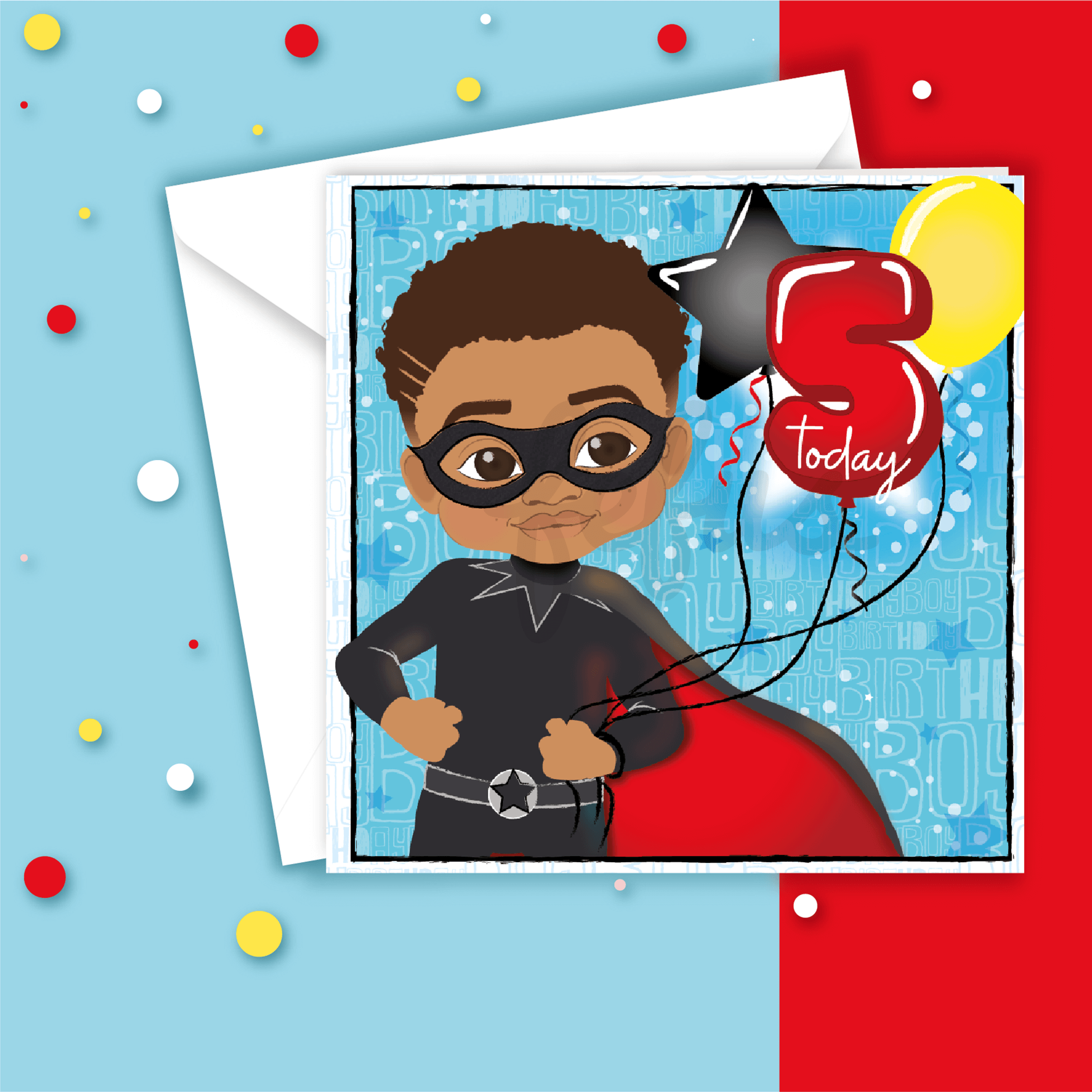 Brown Superhero Fifth Birthday - Mixed Race Boy Birthday Card | Fefus designs