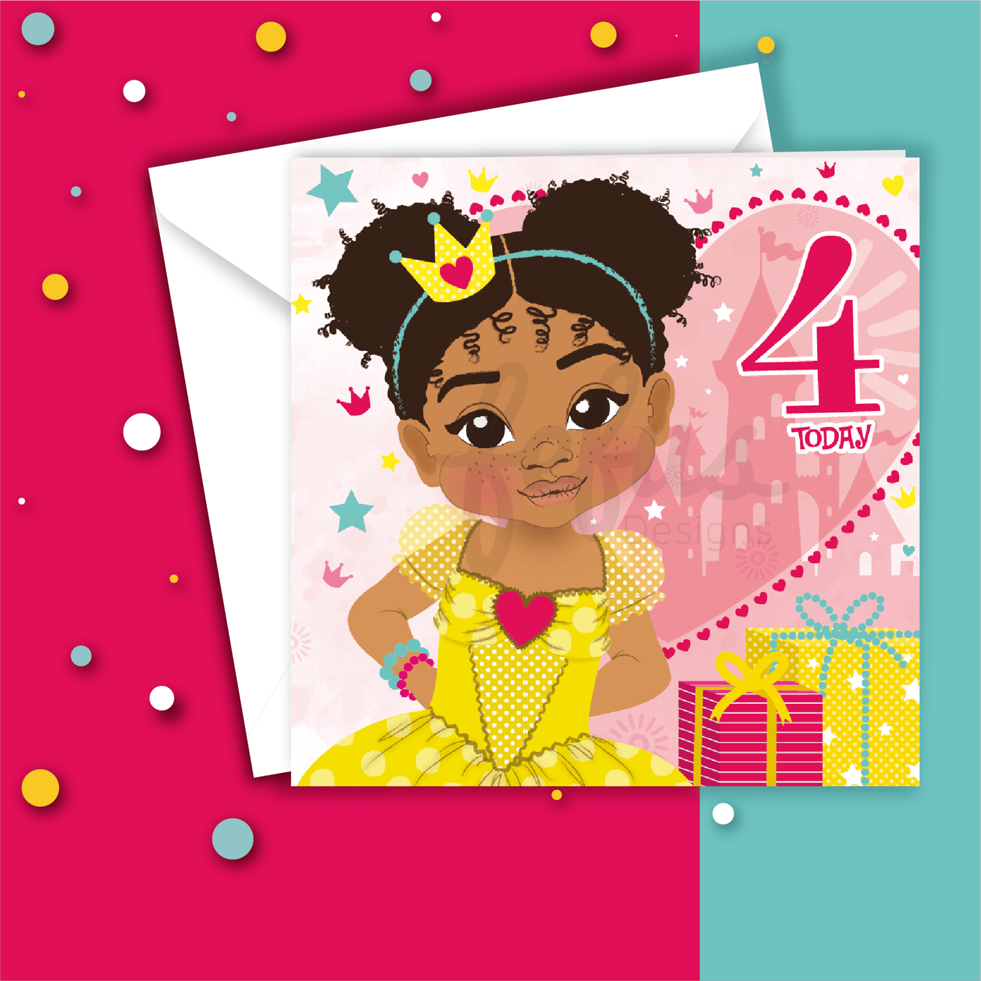 Fourth Birthday Afro Princess Mixed Race Girl  - Brown Girl Birthday Card | Fefus Designs