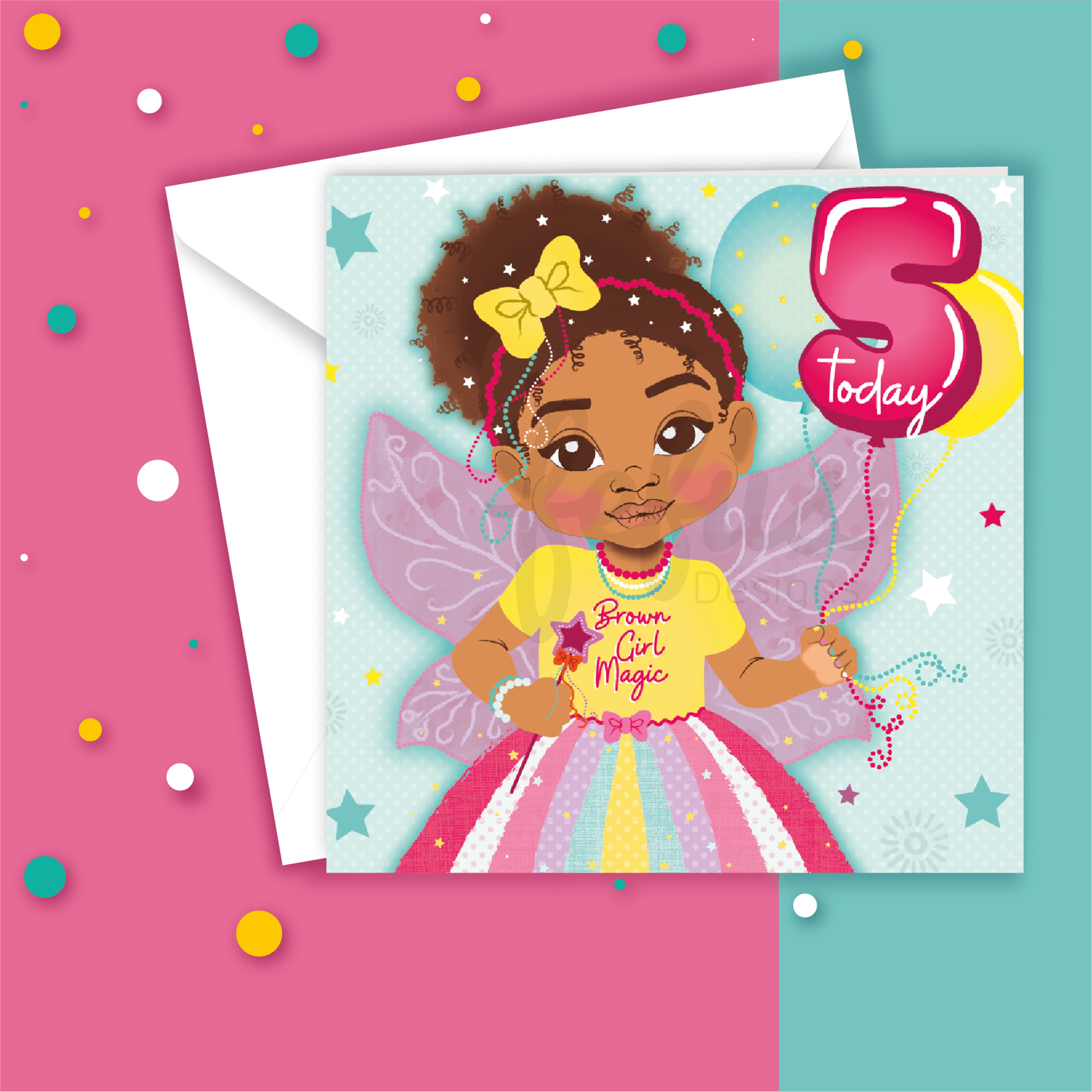 Fifth Birthday Afro Fairy Mixed Race Girl  - Brown Girl Birthday Card | Fefus Designs