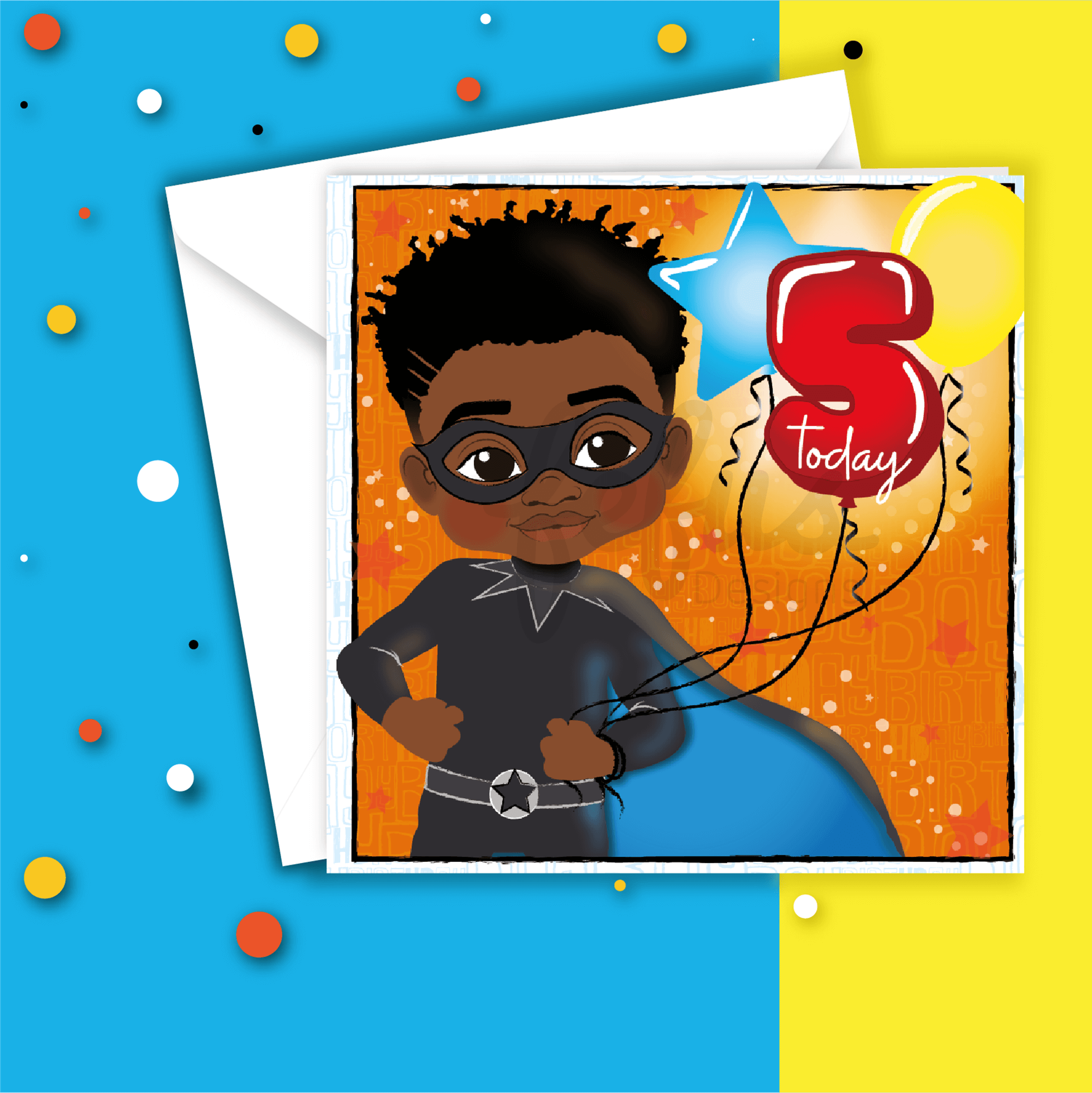 A birthday card for a Black boy celebrating his fifth birthday. The card features red number five balloons and yellow and blue balloons in the background.