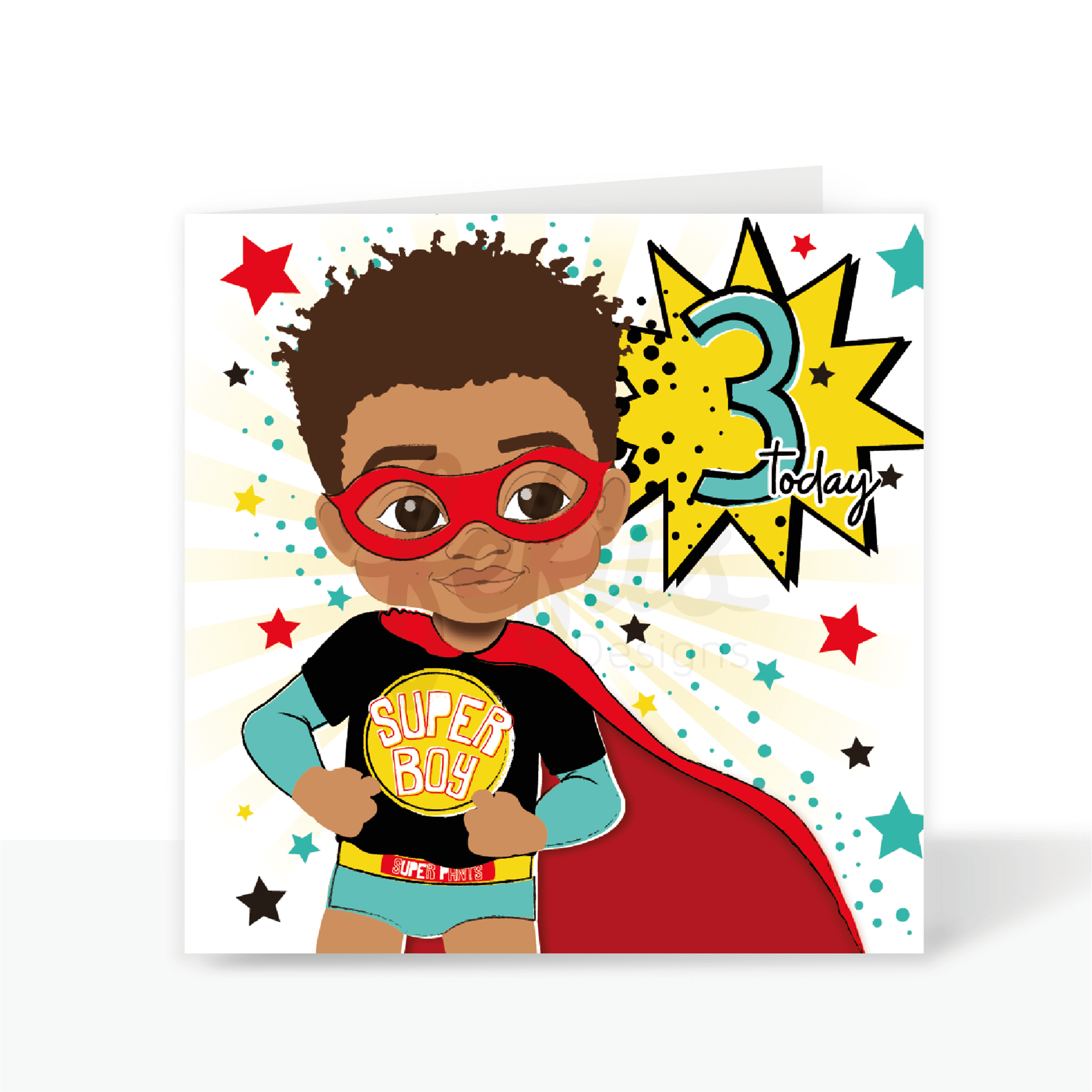 Third Birthday - Mixed Race Super Hero Boy Birthday Card | Fefus designs