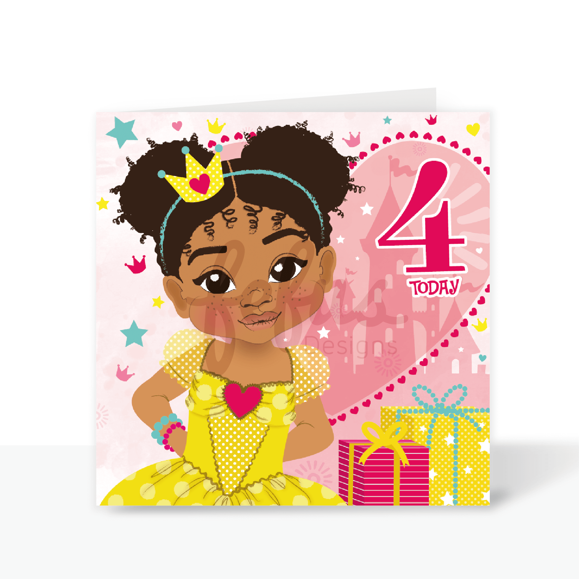 Fourth Birthday Afro Princess Mixed Race Girl  - Brown Girl Birthday Card | Fefus Designs