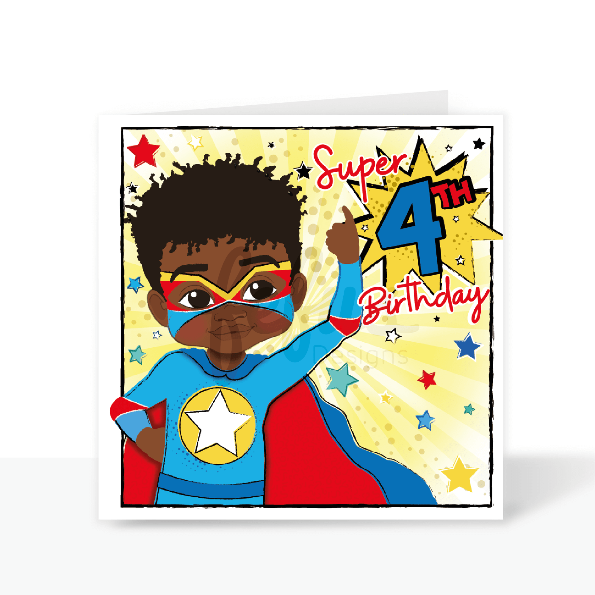 Black Superhero Fourth Birthday - Black Boys Birthday Card | Fefus designs