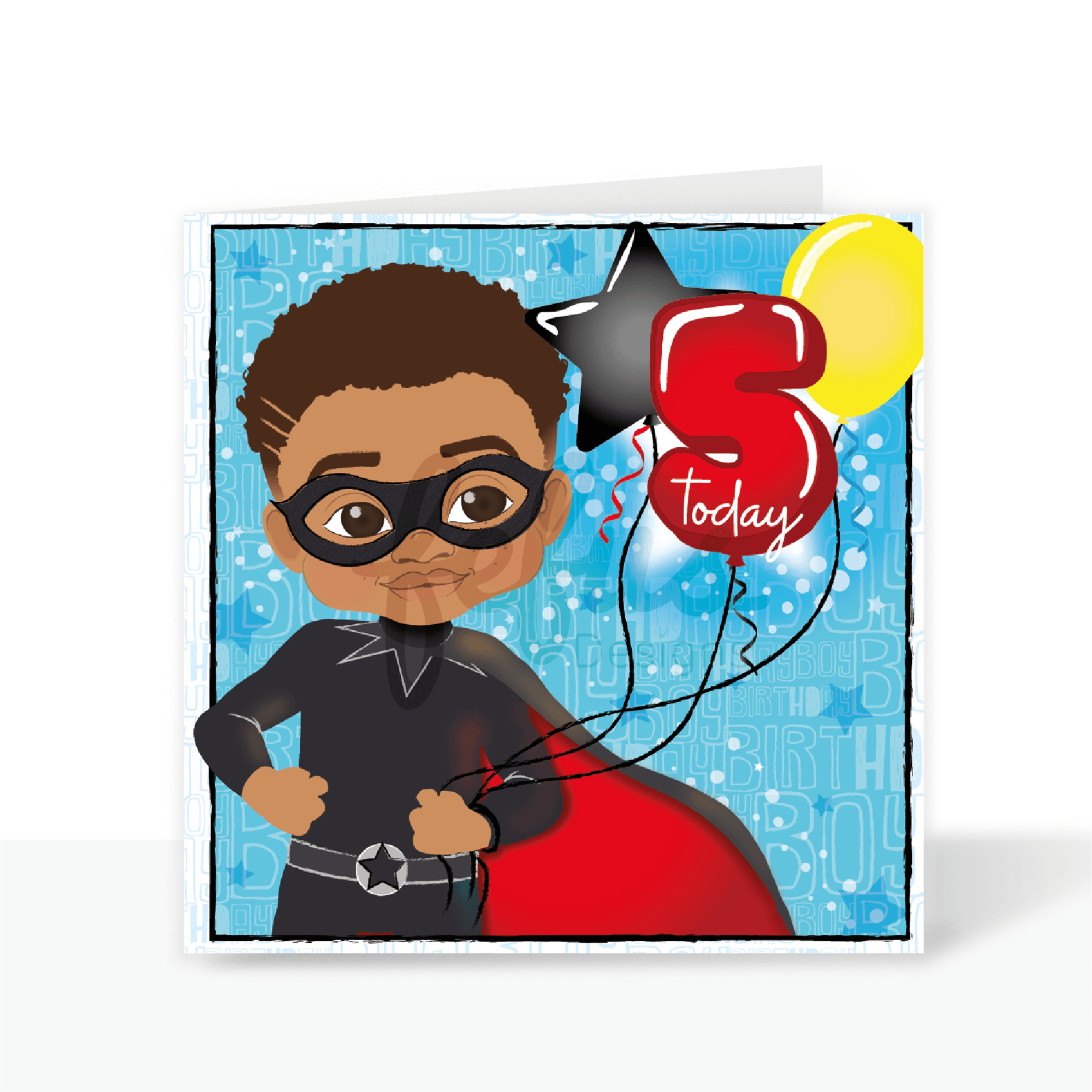 Brown Superhero Fifth Birthday - Mixed Race Boy Birthday Card | Fefus designs