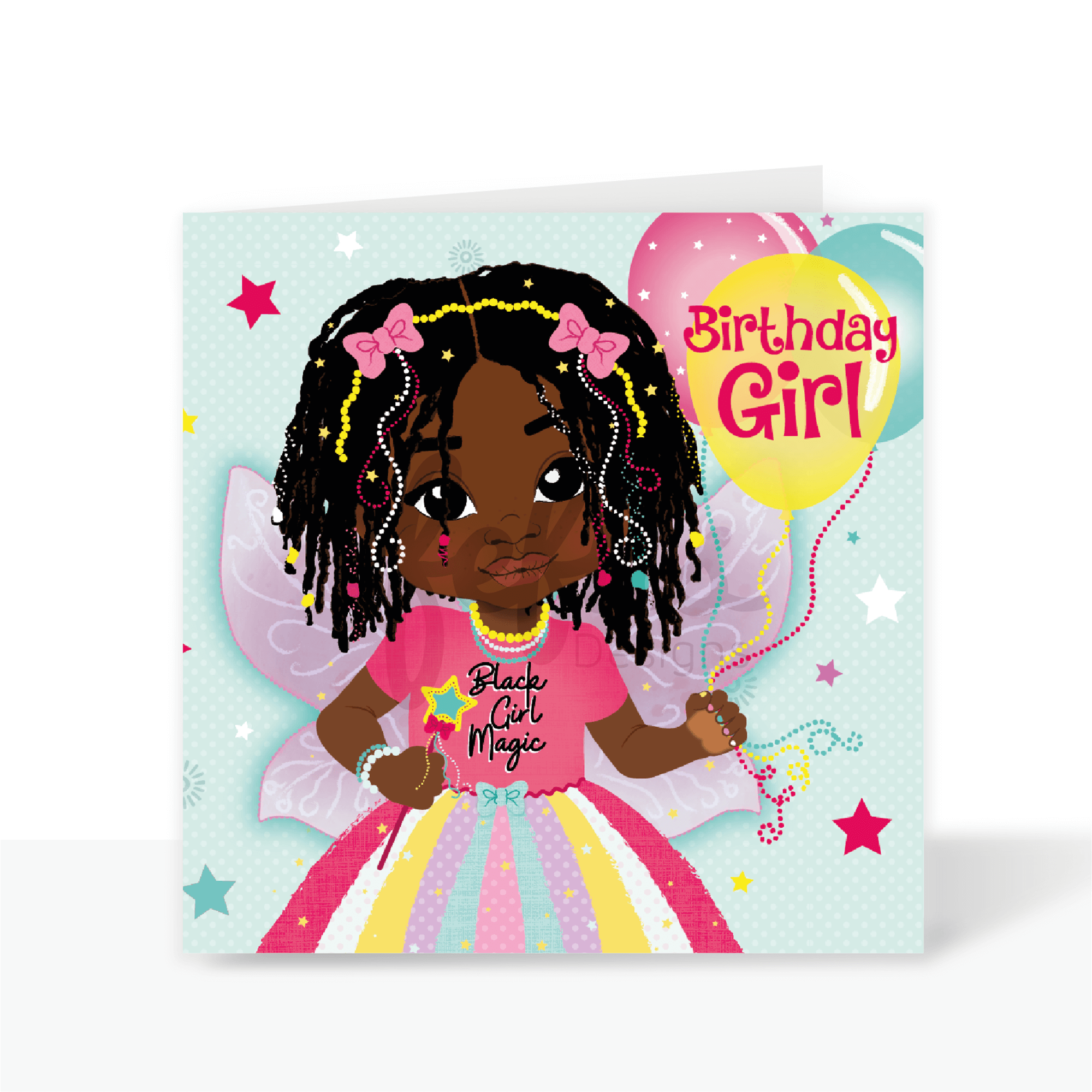 A birthday card featuring a brown girl with dreadlocks and butterfly wings against a colorful background. The card reads "Happy Birthday". 