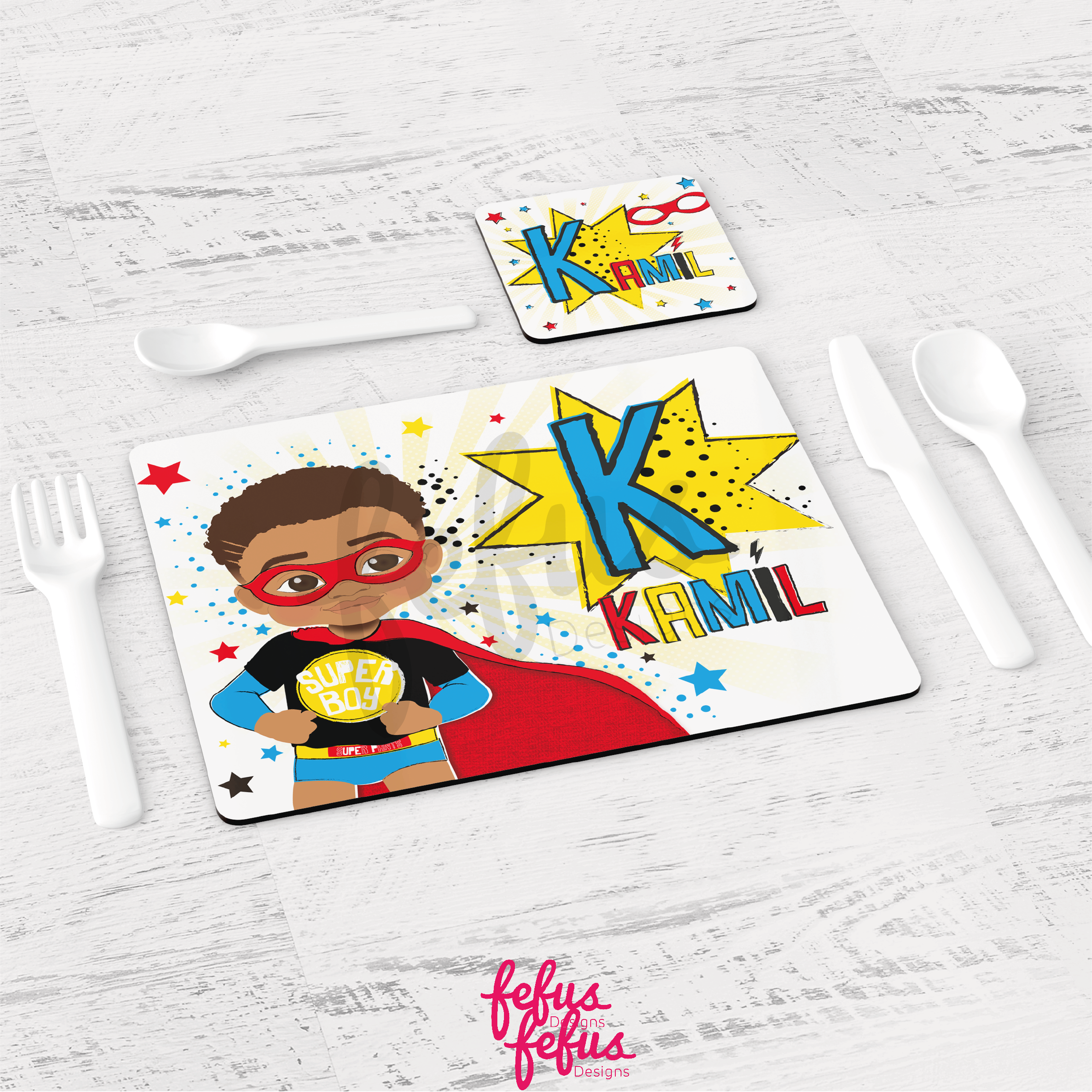 Personalised Mixed Race Super Hero Boy Placement & Coaster Set