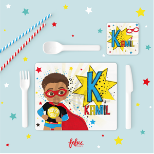 See Themselves Shine: Personalised Mixed Race Superhero Boy Placemat & Coaster Set