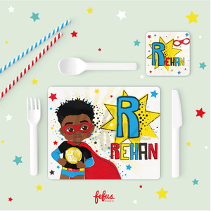 Personalised Black Super Hero Boy Placement & Coaster Set