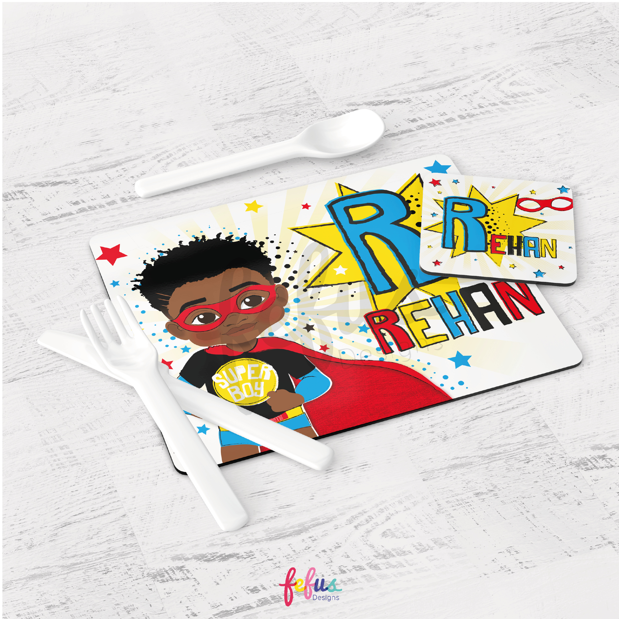 Personalised Black Super Hero Boy Placement & Coaster Set