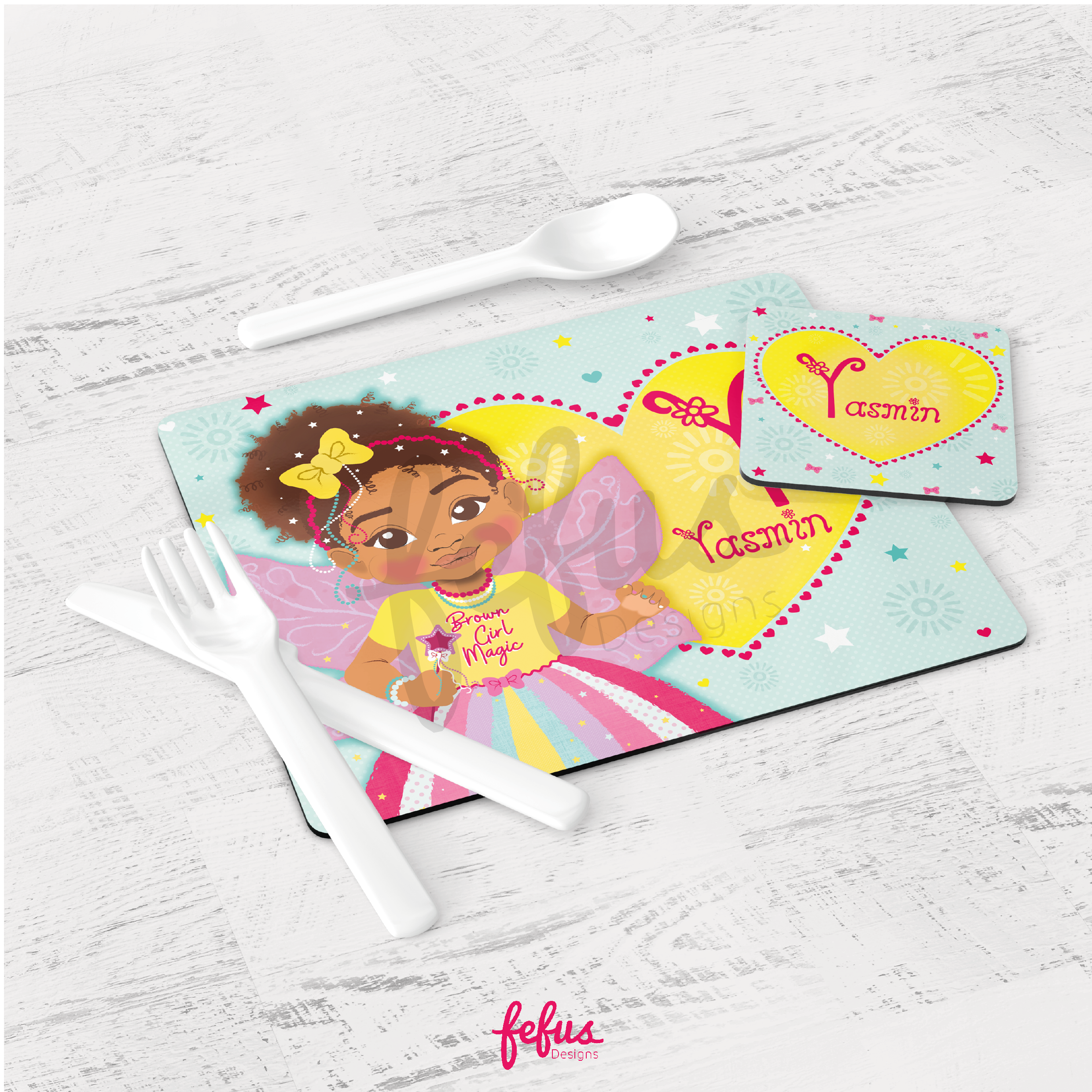 Personalised Bi-Racial Fairy Girl Placement & Coaster Set