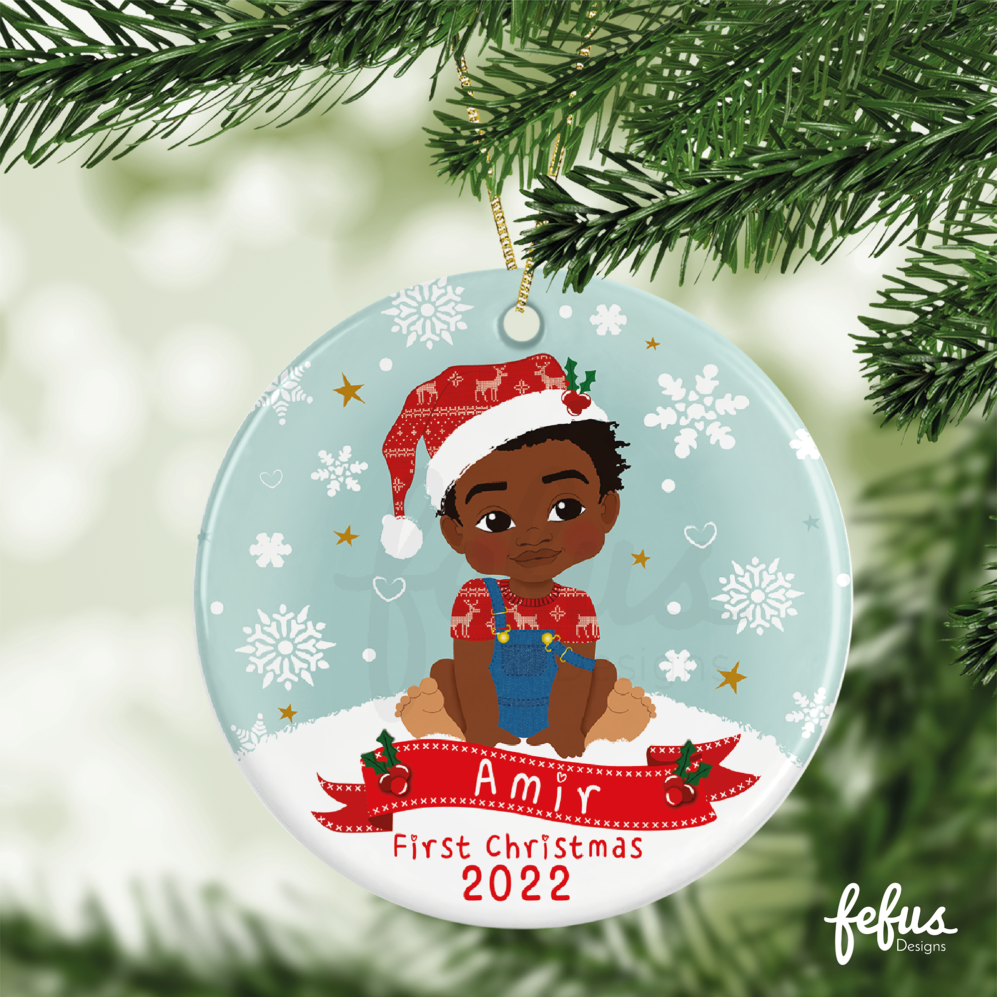 Personalised Black Baby Boys 1st Christmas Bauble | Fefus Designs