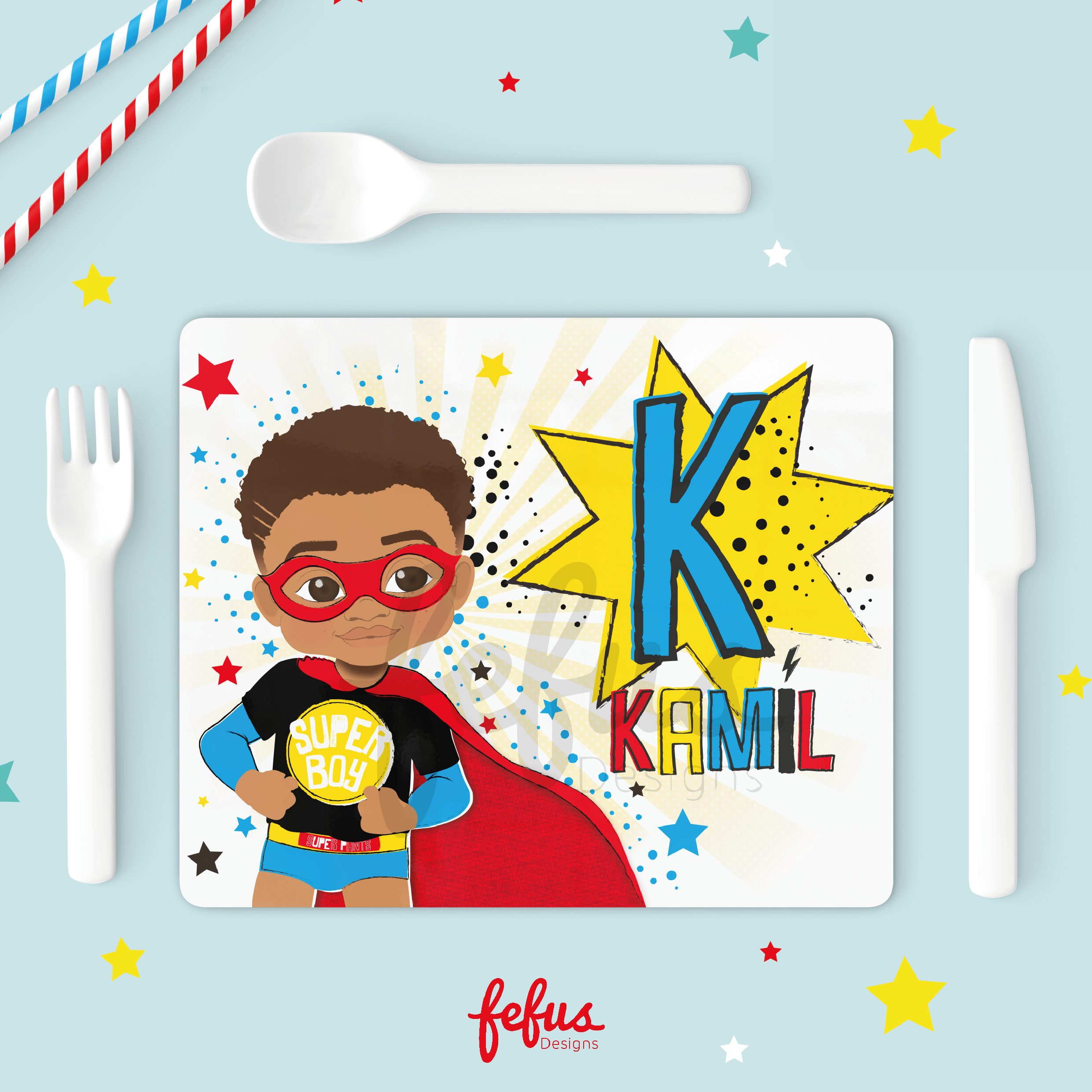 See Themselves Shine: Personalised Mixed Race Superhero Boy Placemat & Coaster Set