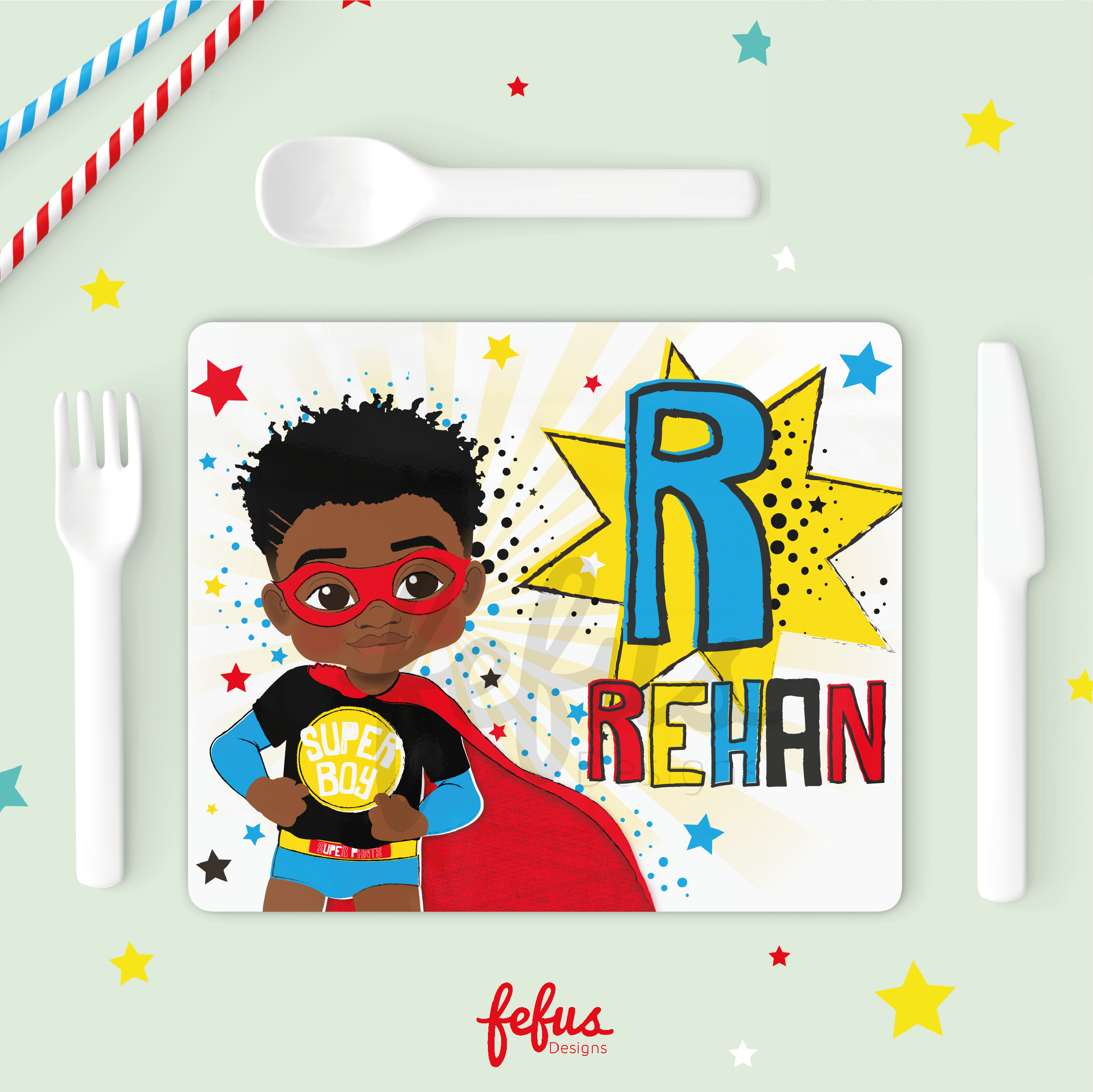 Personalised Black Super Hero Boy Placement & Coaster Set