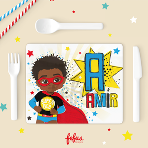 Personalised Black Super Hero Afro Boy Placement & Coaster Set