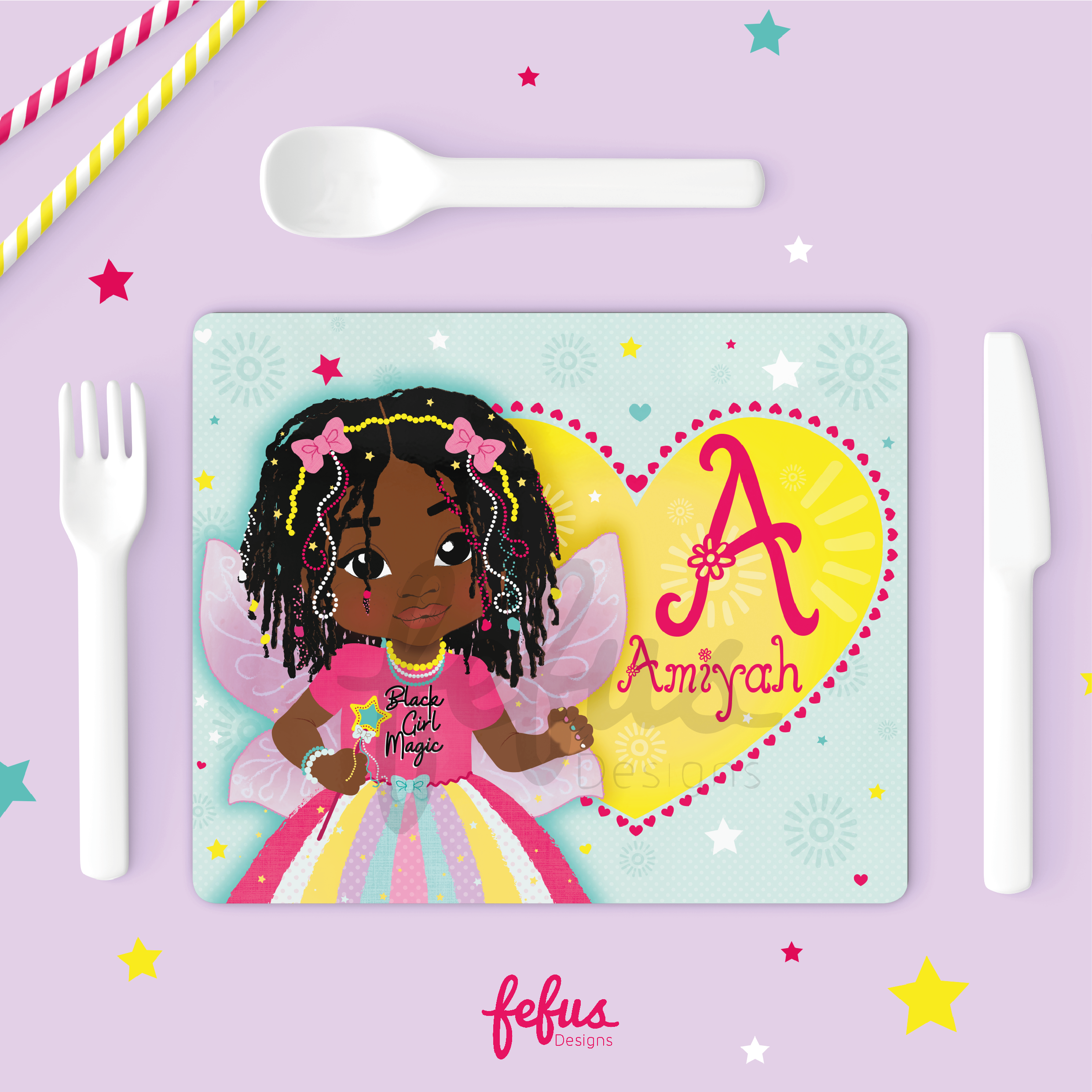 Ariyonna Spark Imagination & Celebrate Culture: Personalised Rasta Fairy Placemat & Coaster Set