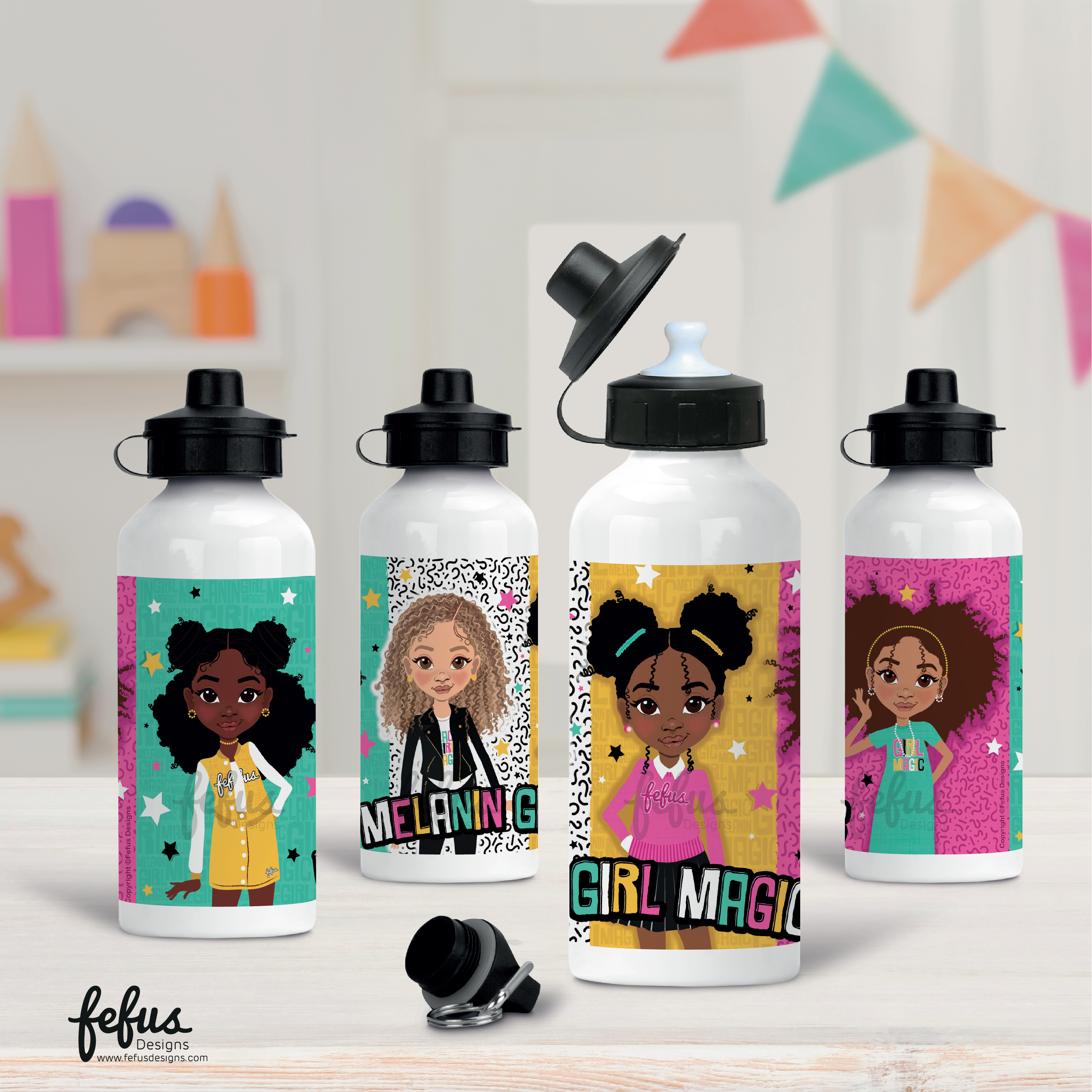 A striking Melanin Girl Magic Aluminium Water Bottle by Fefus Designs. This lightweight and durable water bottle empowers young queens, featuring a design with four brown beauties and the phrase 'Melanin Girl Magic'. With a 500ml capacity, it ensures hydration throughout the day, while the aluminium construction keeps drinks cool. Perfect for school, sports, and outdoor adventures. Surprise a special young queen with this empowering gift, celebrating her uniqueness and magical impact on the world.