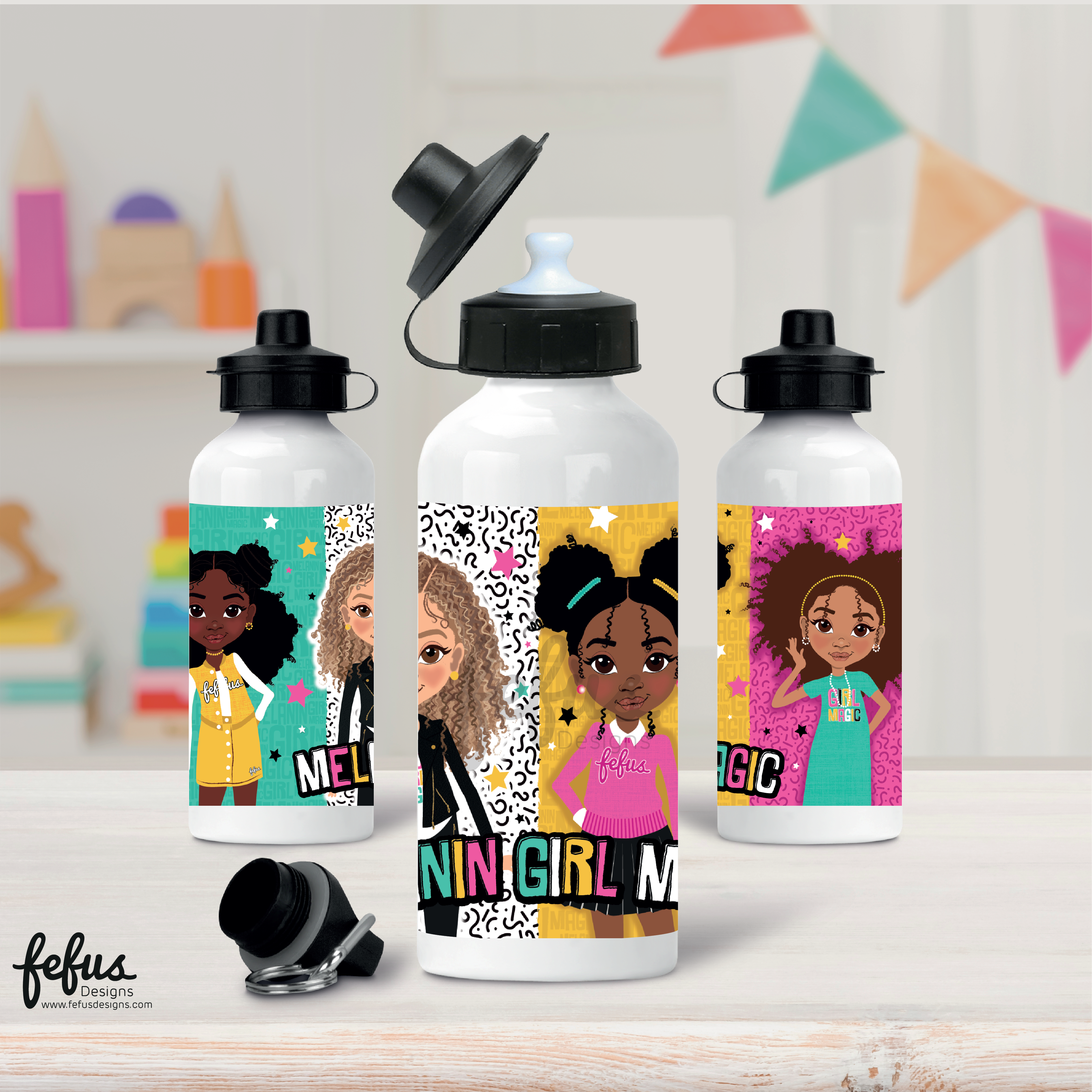 A striking Melanin Girl Magic Aluminium Water Bottle by Fefus Designs. This lightweight and durable water bottle empowers young queens, featuring a design with four brown beauties and the phrase 'Melanin Girl Magic'. With a 500ml capacity, it ensures hydration throughout the day, while the aluminium construction keeps drinks cool. Perfect for school, sports, and outdoor adventures. Surprise a special young queen with this empowering gift, celebrating her uniqueness and magical impact on the world