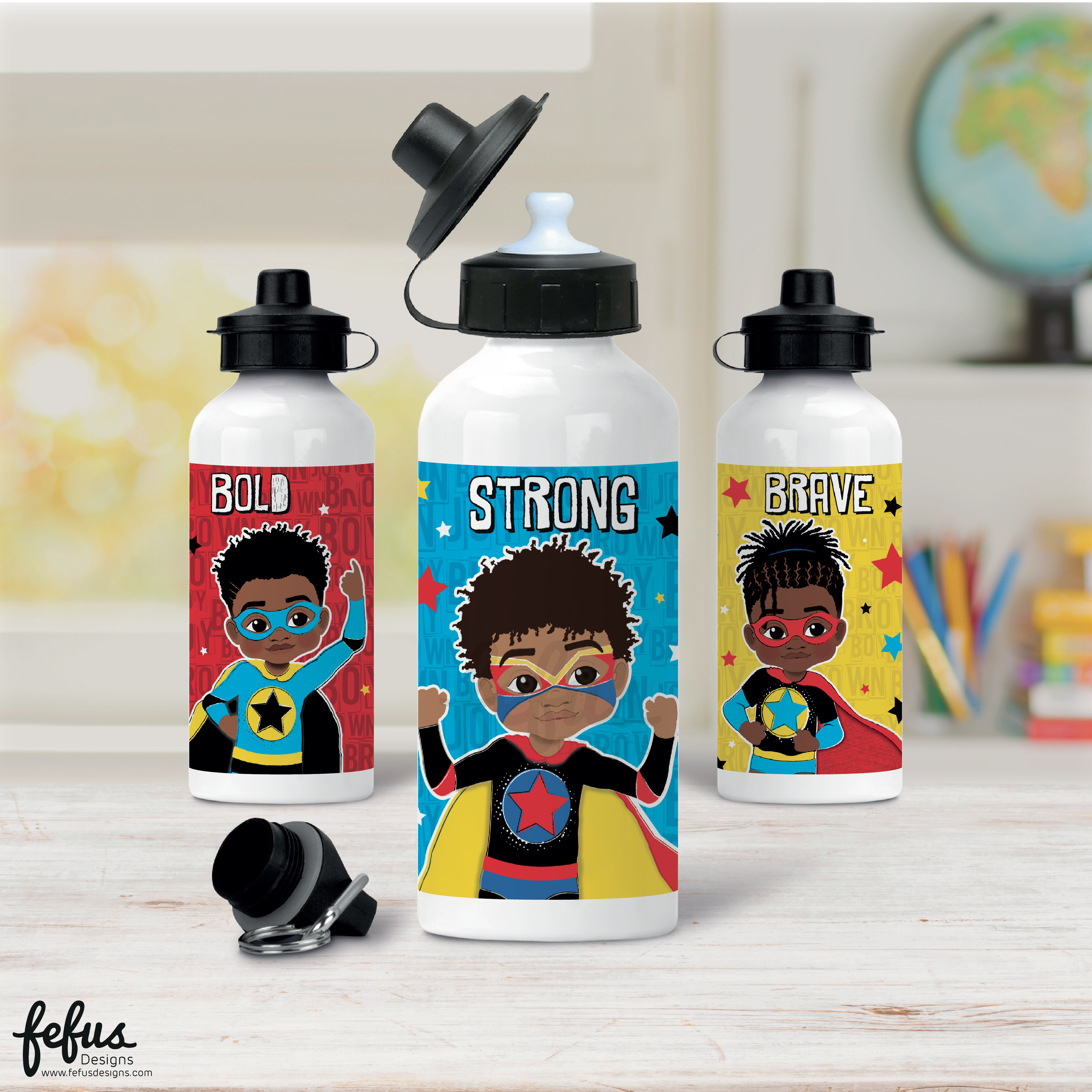 This Melanin Boy Magic Aluminium Water Bottle from Fefus Designs will have your little superhero feeling as strong and captivating as they are! Crafted from durable and lightweight aluminium, this water bottle is perfect for school, sports, and outdoor adventures. Plus, the awesome design featuring three brown superheroes and "Melanin Magic" will have them radiating confidence and embracing their melanin beauty! Superpowers not included, but fun and unique style is!