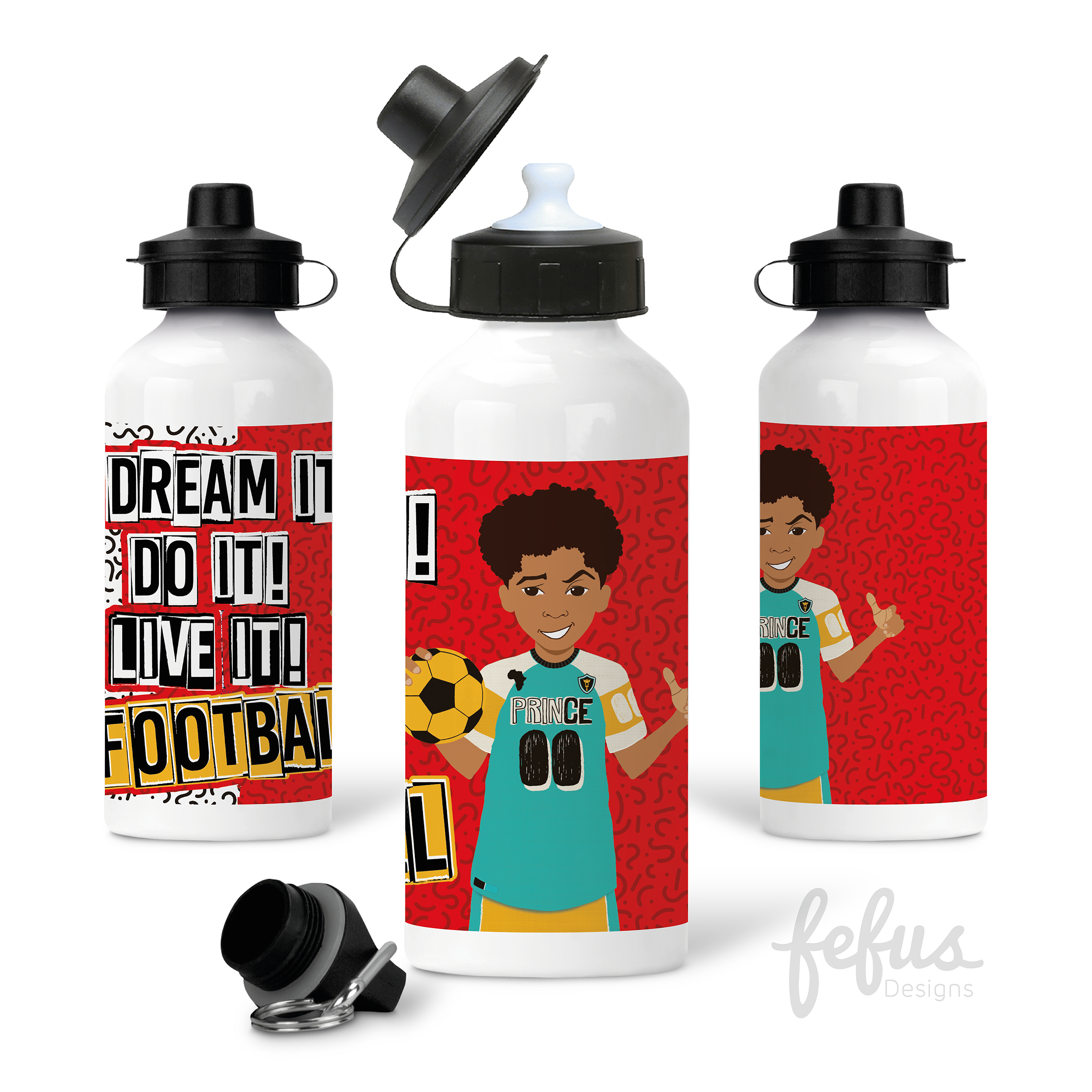 Mixed Race Football Boy Aluminium Water Bottle | Fefus Designs