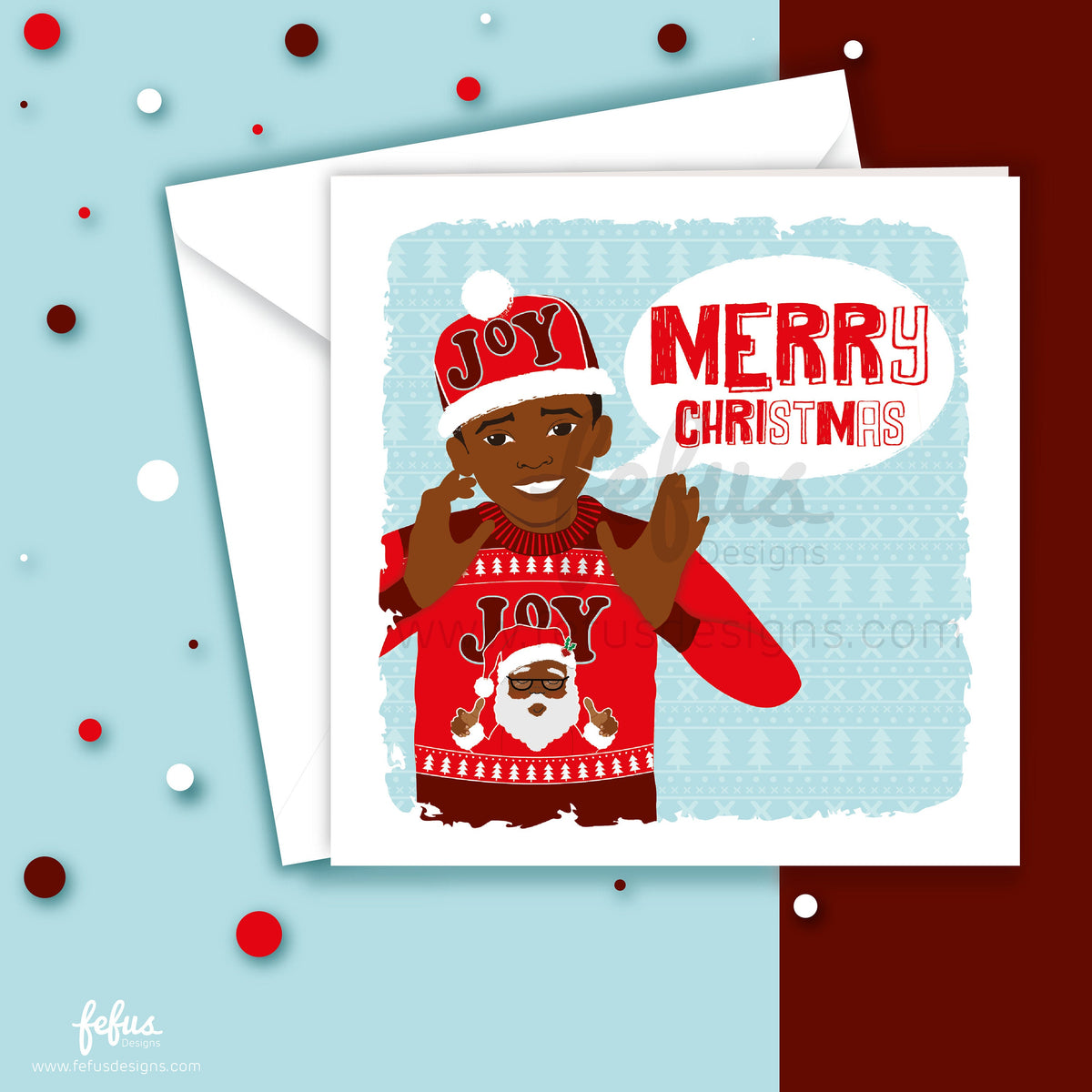 Front of a colourful Black boy Christmas card with hand-drawn character artwork and a Merry Christmas greeting.