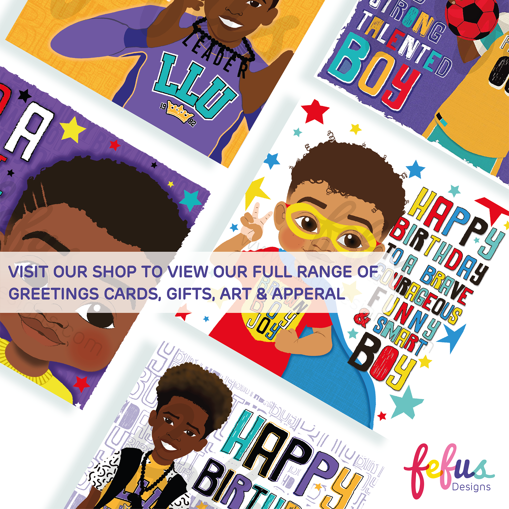 4 Brown Boys - Black childrens Greetings Card | Fefus designs