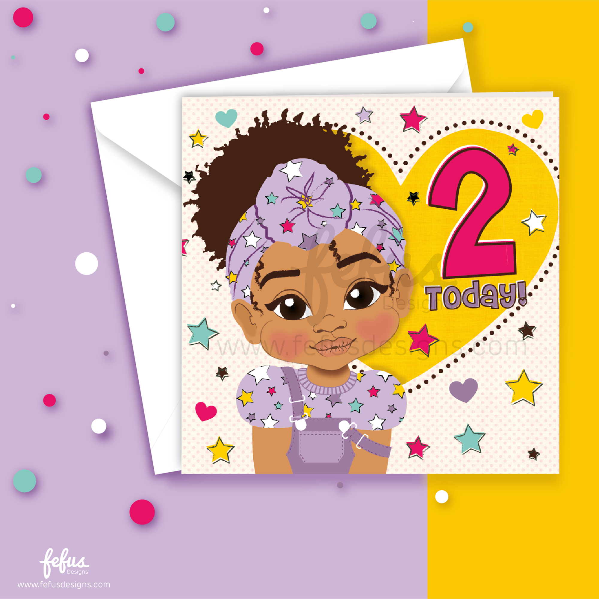 Second Birthday Afro Puff Mixed race Girl  - Black Girls Birthday Card | Fefus designs