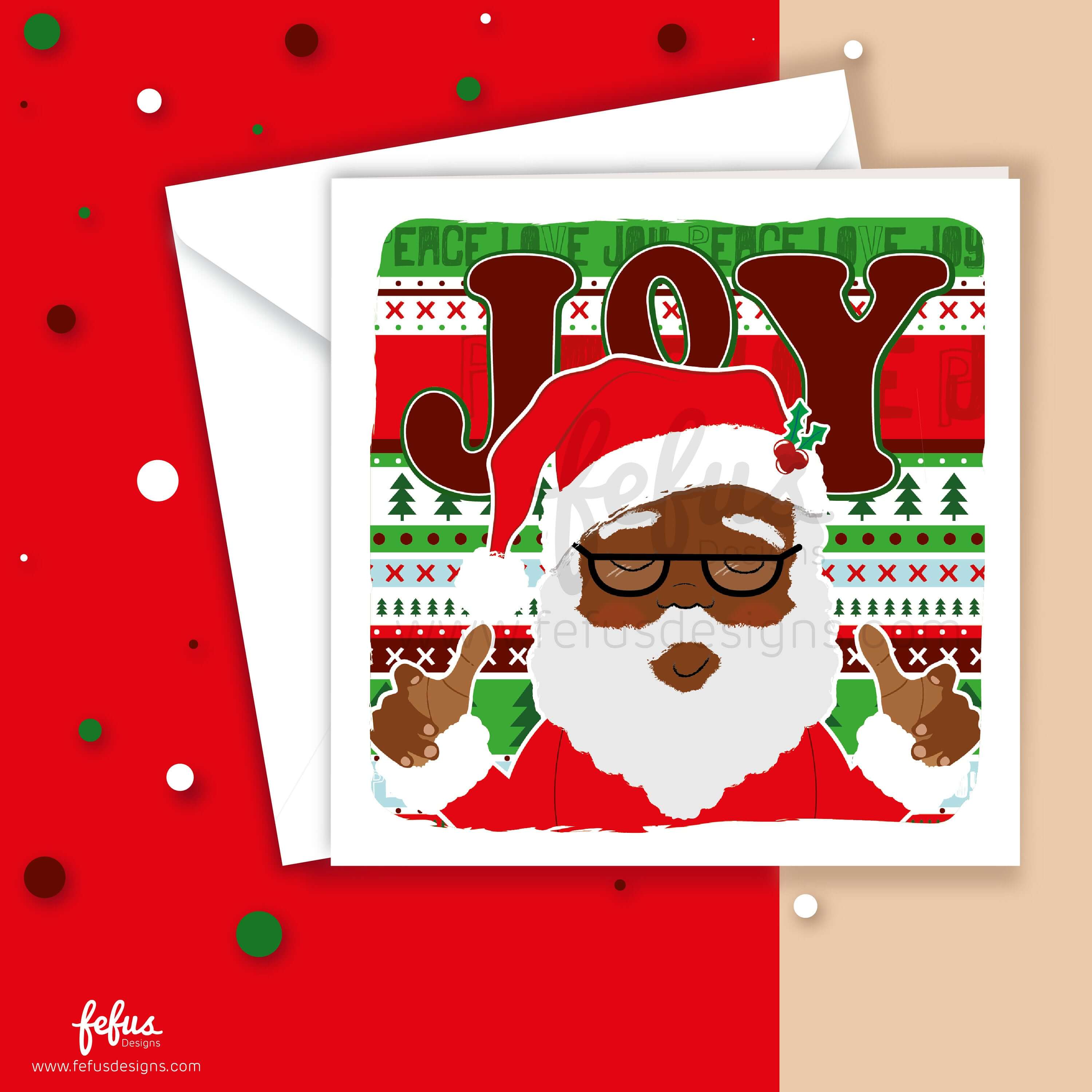 A Christmas card featuring a Black man dressed as Santa Claus by Fefus Designs